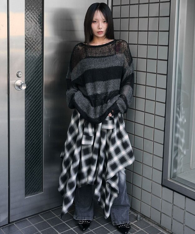 WEGO モヘアタッチボーダーBIGニット グレーボーダー