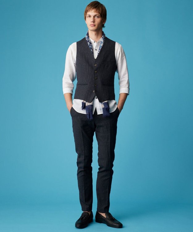 JOSEPH ABBOUD 【麻100％・軽い・涼しい】 モイスチャーリネンバンドカラーシャツ ホワイト系