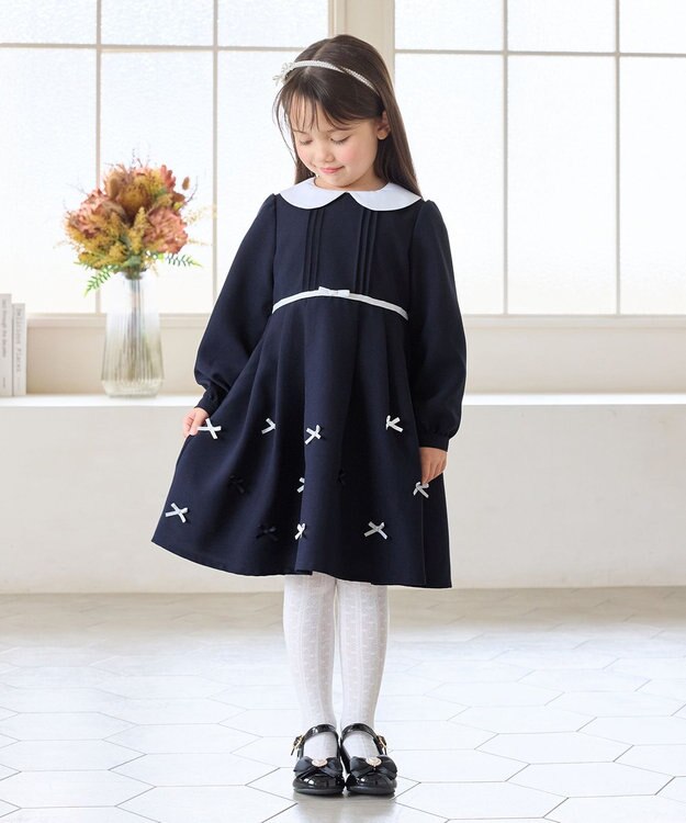 ANY KIDS 襟付き リボン 長袖ワンピース ネイビー