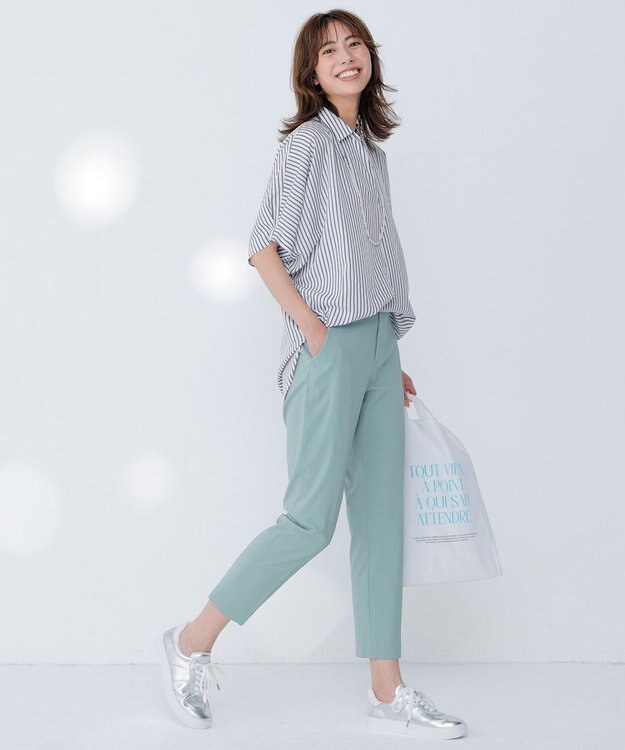 ANY 【新色追加】スキッパーネック袖タックブラウス ブルーストライプ