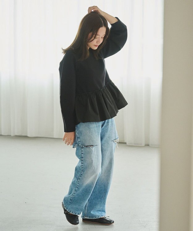 #Newans 【洗える】コンビネーションペプラムチュニックニット ブラック