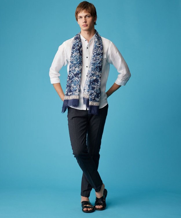 JOSEPH ABBOUD 【麻100％・軽い・涼しい】 モイスチャーリネンバンドカラーシャツ ホワイト系