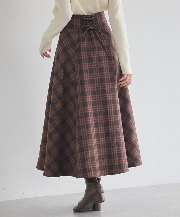 earth music&ecology バックレースアップスカート Check Brown