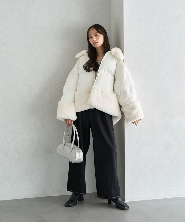 earth music&ecology フードファー中綿ショートコート ホワイト