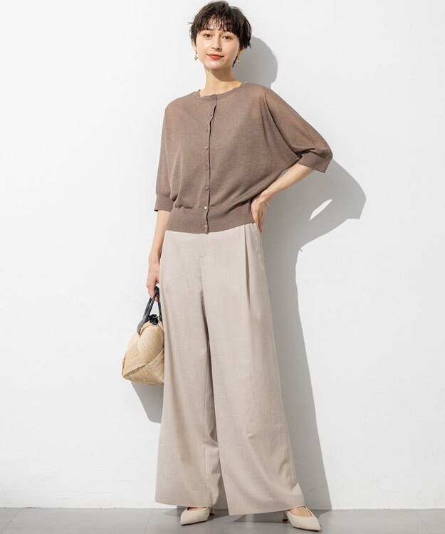 23区 【前後着用可能/洗える】シャイニーシアー 5分袖 カーディガン ブラウン系