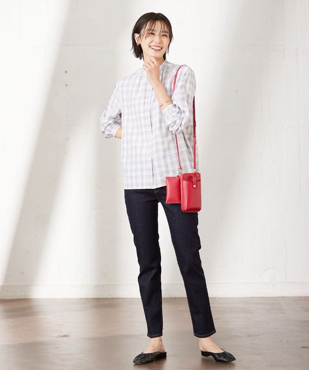 J.PRESS LADIES 【洗える】 セルロースチェック バンドカラー ブラウス ネイビー系3