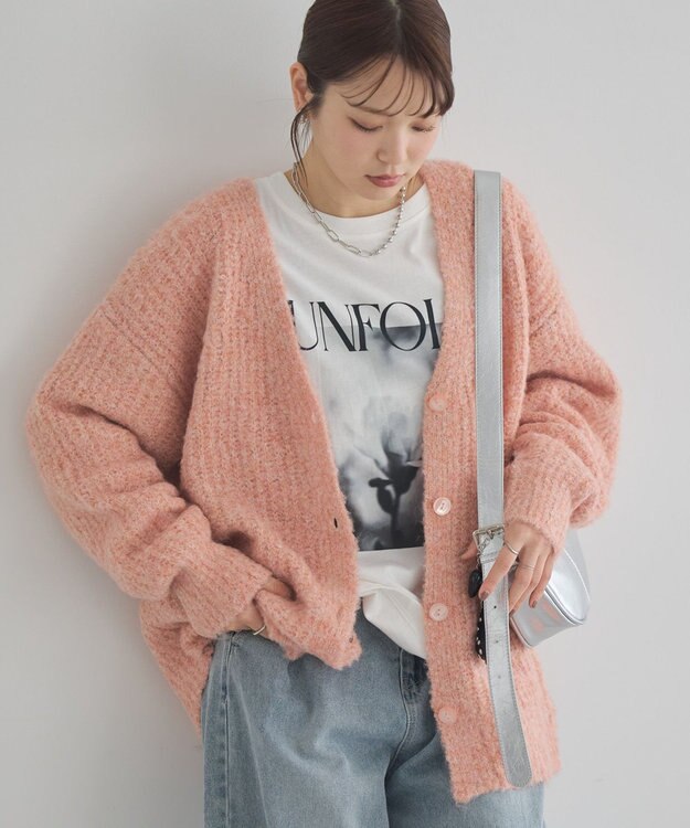 earth music&ecology 【ベルト付き】ＭＩＸカラーブークレカーディガン Pink Orange