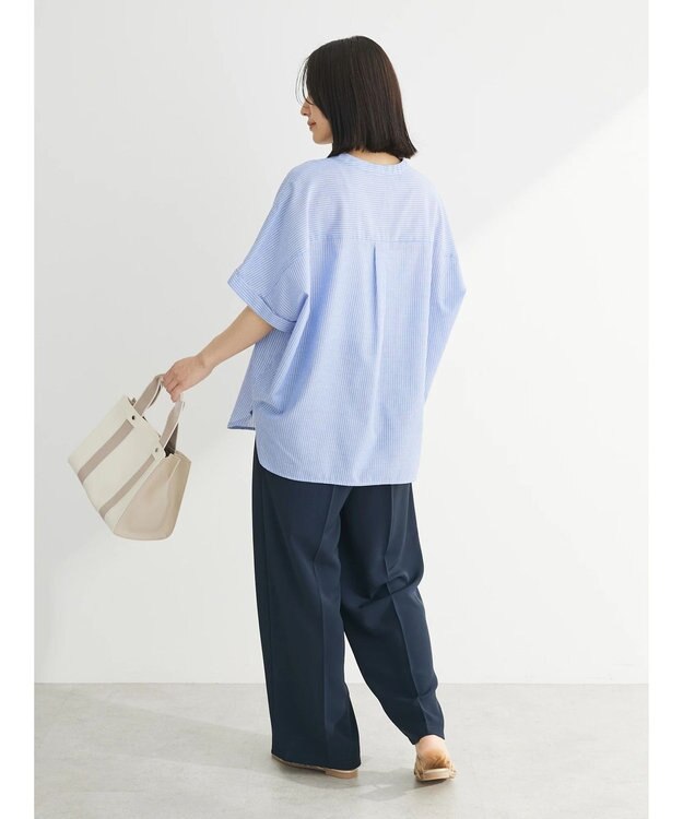 Green Parks 綿麻混フレンチスリーブスキッパーシャツ Stripe Blue