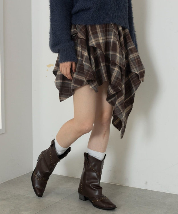 WEGO アシンメトリーチェックミニスカパン ブラウン