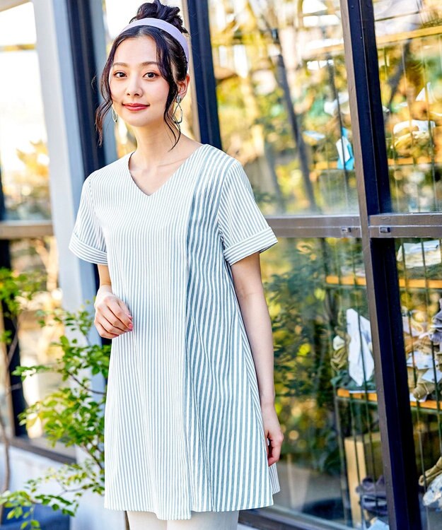 Tiaclasse 【洗える】体型カバーも叶うアシンメトリーストライプチュニックブラウス