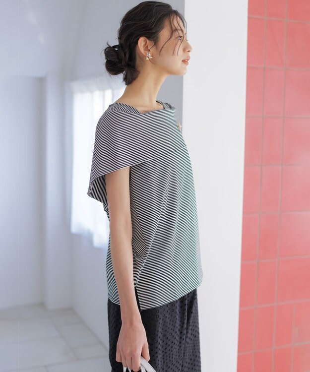 組曲 L GIZAコットンオフショルダー カットソー ネイビー×オフ系2