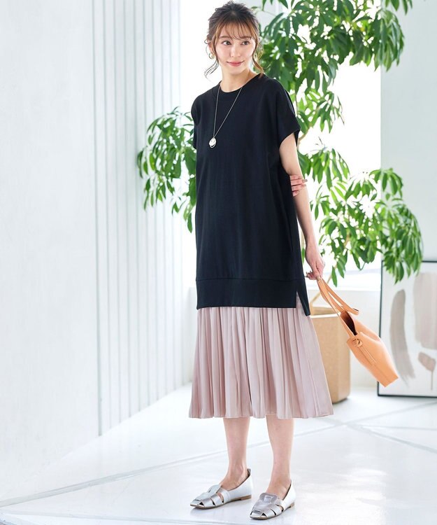 Tiaclasse 【洗える】裏毛プリーツコンビワンピース ブラック×ピンクベージュ