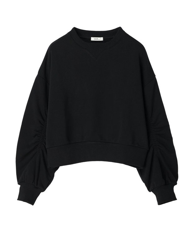 earth music&ecology クルーネック袖シャーリングスウェット Black