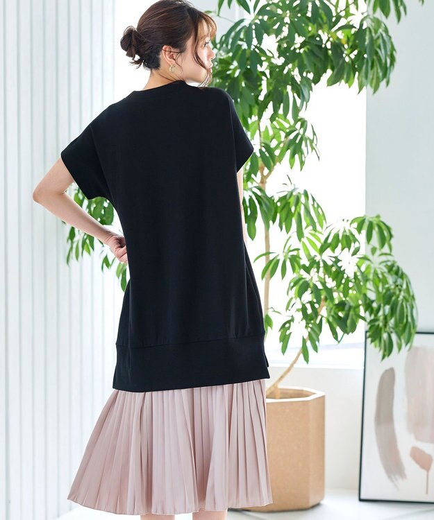 Tiaclasse 【洗える】裏毛プリーツコンビワンピース ブラック×ピンクベージュ