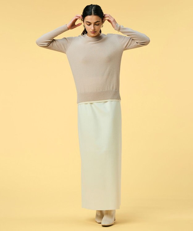 BEIGE， 【洗える】POMPE / ウールカシミヤ配色リブクルーネック Taupe×Ecru