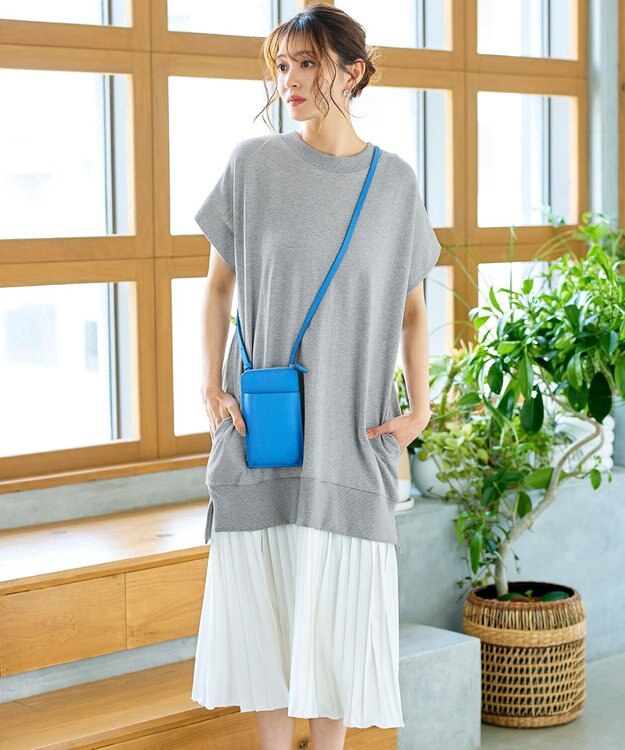 Tiaclasse 【洗える】裏毛プリーツコンビワンピース グレー×オフ