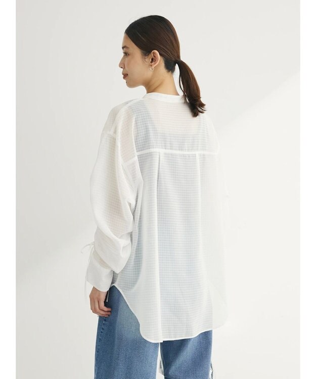 Green Parks シアーチェック袖ドロストシャツチュニック Off White