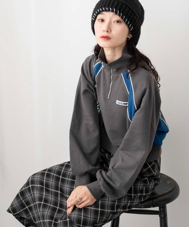 WEGO パイピング切替ショートハーフZIPスウェット スミクロ