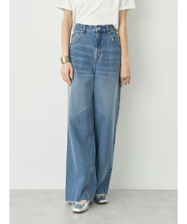 earth music&ecology ウ゛ィンテージ加工セルフカットワイドデニム Medium Indigo