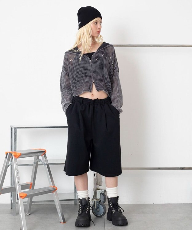 WEGO ハトメメッシュニットショートパーカー スミクロ