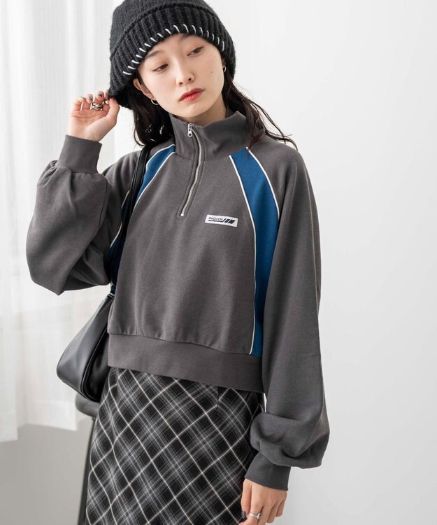 WEGO パイピング切替ショートハーフZIPスウェット スミクロ