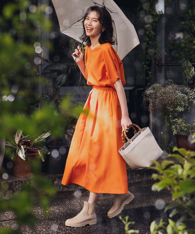 自由区 【接触冷感・速乾・UVカット・撥水・防シワ】リネンライクツイル プルオーバーブラウス オレンジ系