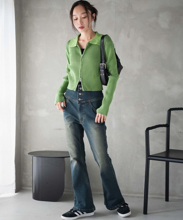 WEGO ハイウエストストレッチフレアデニムパンツ デニム