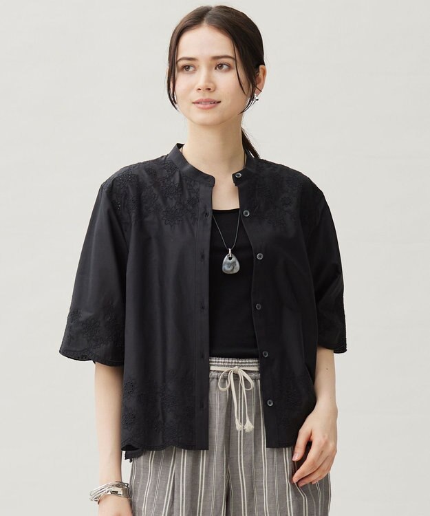 自由区 【カタログ掲載・接触冷感・洗える】エンブロイダリーローンシャツ ブラウス ブラック