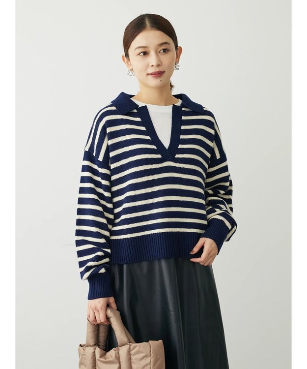 Green Parks キーネックボーダープルオーバー Navy