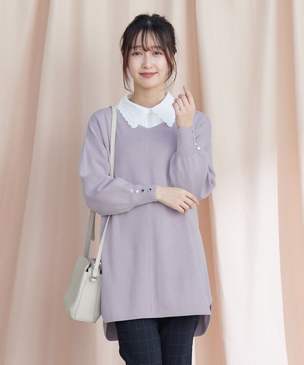 Tiaclasse L 【洗える】襟刺繍ピンタックブラウス オフホワイト