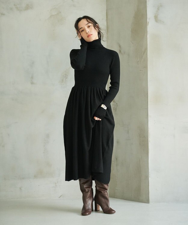 #Newans 【カシミヤ混】フィット＆フレアニットワンピース ブラック