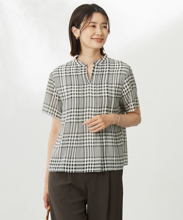 J.PRESS LADIES 【WEB限定カラーあり・洗える】シアーチェック カットソー ブラック×アイボリーギンガム系