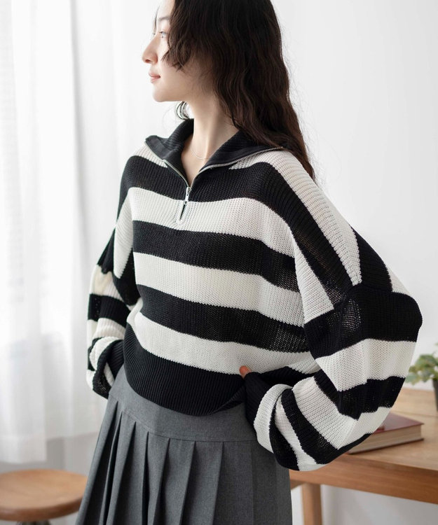 WEGO ボーダーハーフジップニットプルオーバー