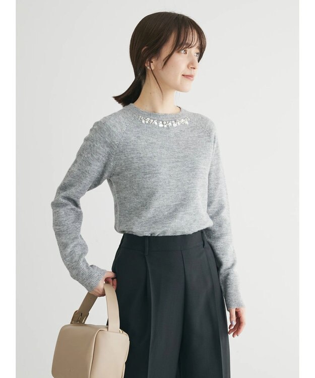 Green Parks ビジュー付きニットプルオーバー Gray Mixture