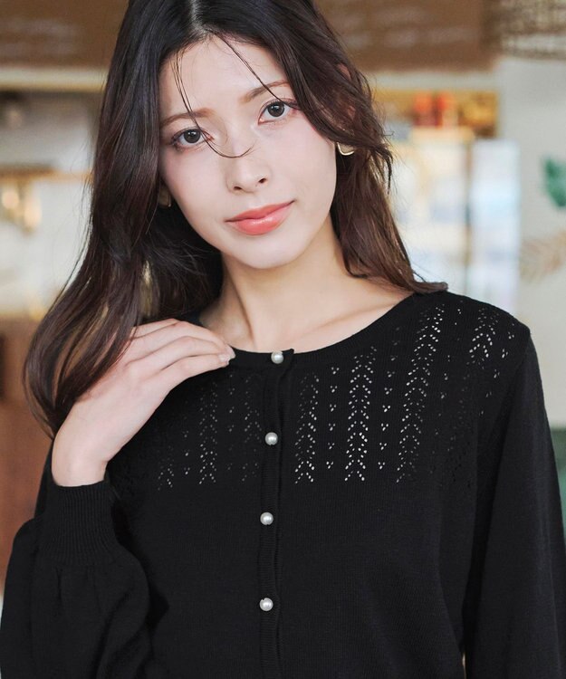 Tiaclasse 【洗える】透かし柄ニットコンビカーディガン ブラック