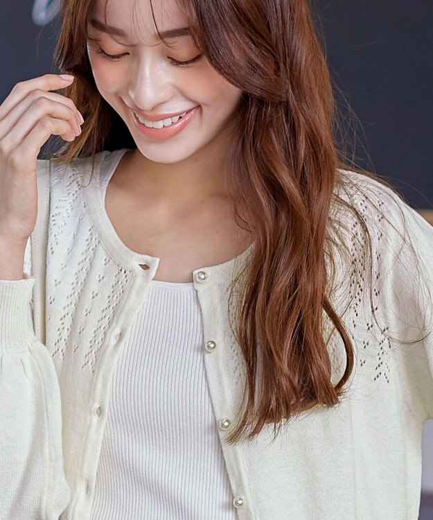 Tiaclasse 【洗える】透かし柄ニットコンビカーディガン オフホワイト