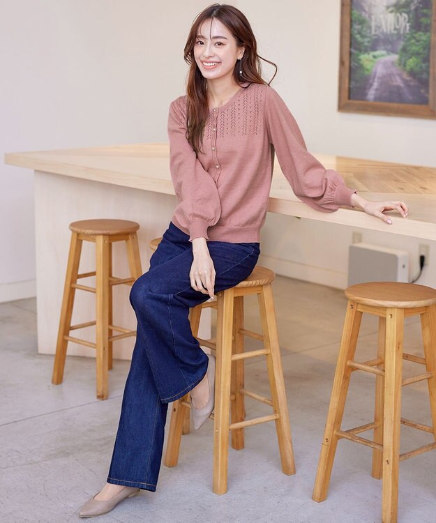 Tiaclasse 【洗える】透かし柄ニットコンビカーディガン ピンク