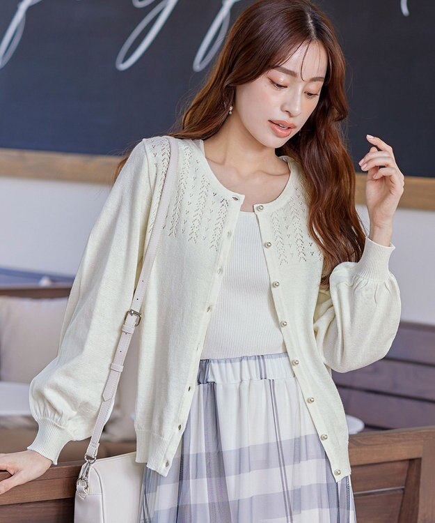 Tiaclasse 【洗える】透かし柄ニットコンビカーディガン オフホワイト
