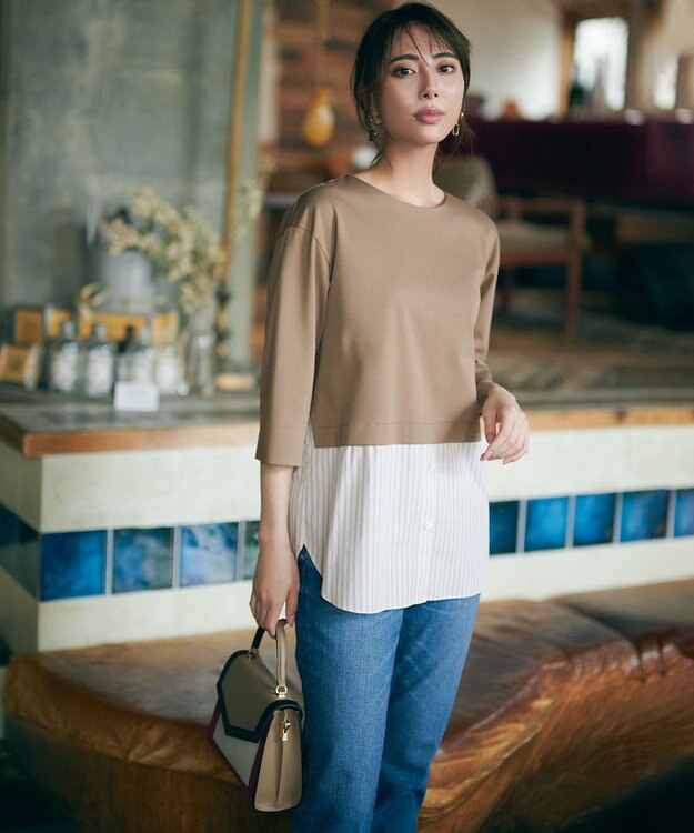 23区 【洗える】コンビネーション チュニック カットソー ブラウン×ベージュストライプ