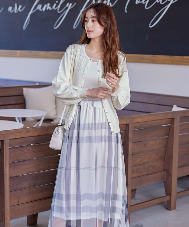 Tiaclasse 【洗える】透かし柄ニットコンビカーディガン オフホワイト