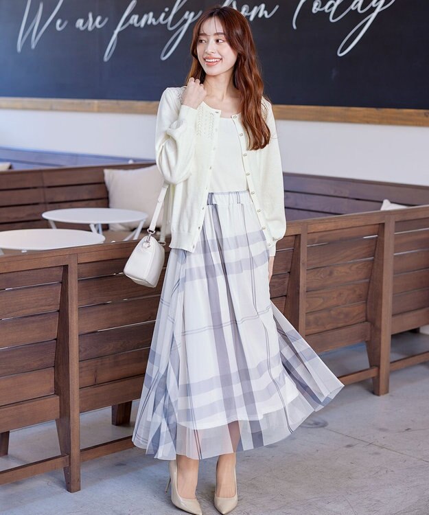 Tiaclasse 【洗える】透かし柄ニットコンビカーディガン オフホワイト