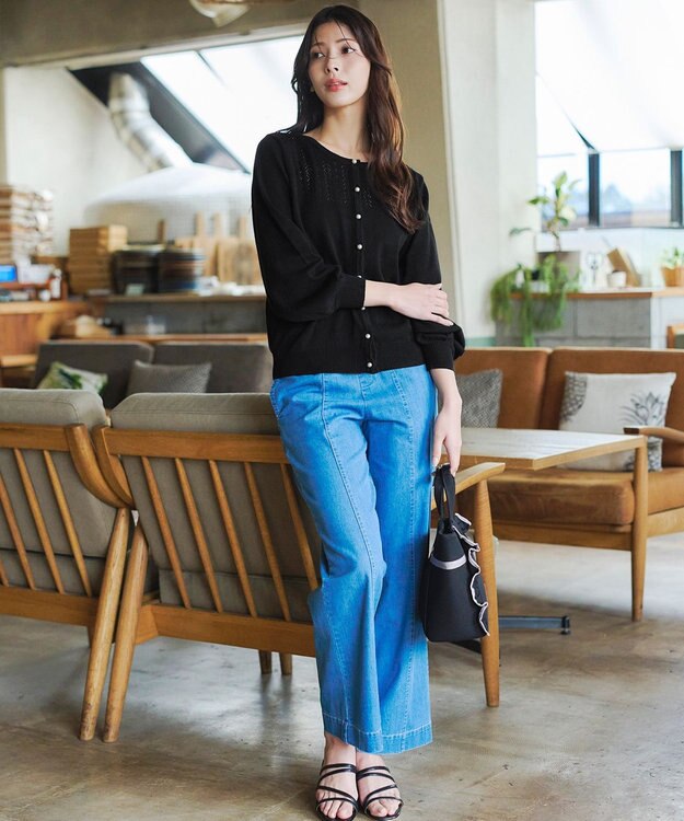 Tiaclasse 【洗える】透かし柄ニットコンビカーディガン ブラック