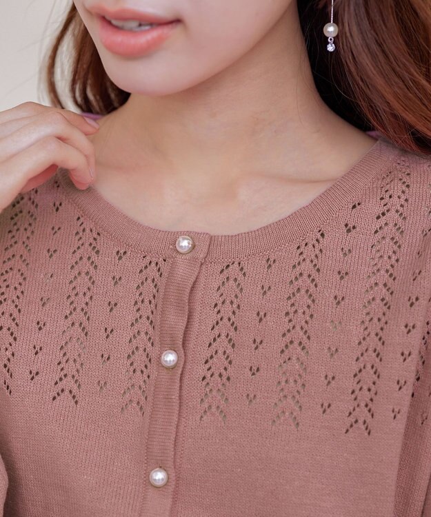 Tiaclasse 【洗える】透かし柄ニットコンビカーディガン ピンク