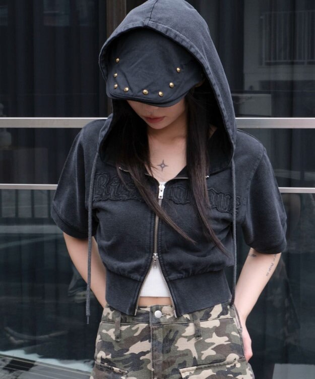 WEGO ヴィンテージウォッシュロゴ半袖パーカー スミクロ