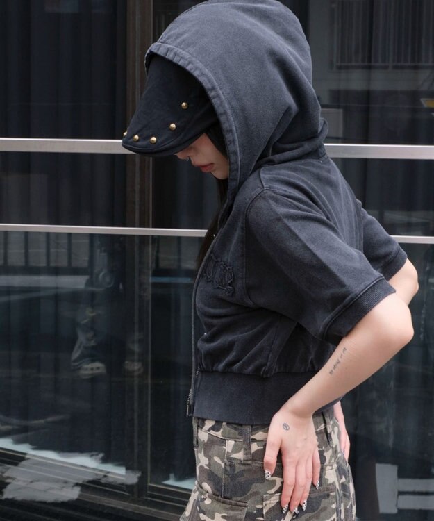 WEGO ヴィンテージウォッシュロゴ半袖パーカー スミクロ