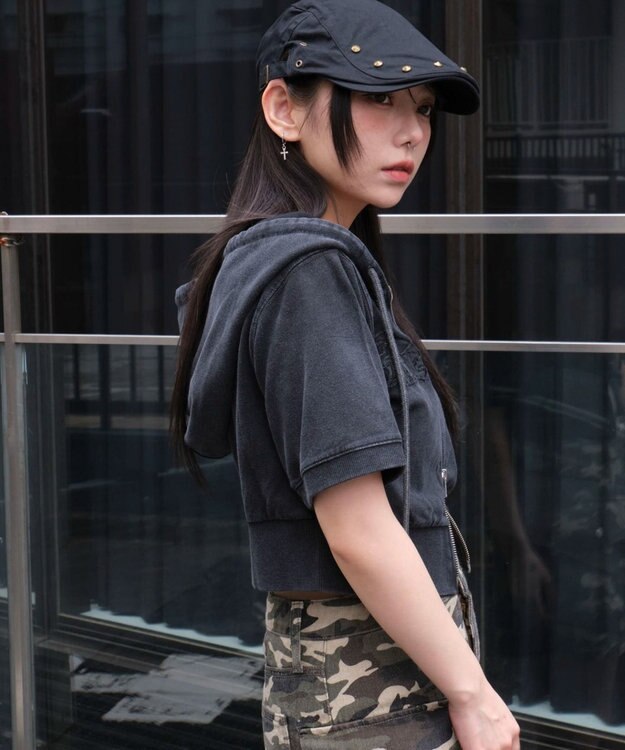 WEGO ヴィンテージウォッシュロゴ半袖パーカー スミクロ