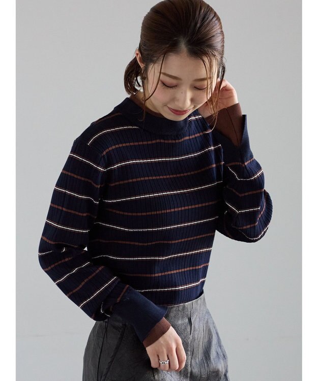 Te chichi 配色レイヤードリブニットプルオーバー ネイビー