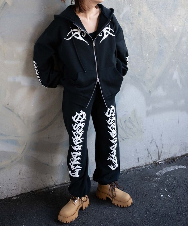 WEGO 【裏起毛/セットアップ対応】グラフィック裏起毛ZIPビッグパーカー ブラック