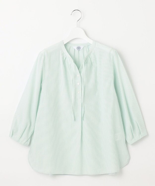 J.PRESS LADIES 【洗える】コットンアセVis ストライプ ギャザー ブラウス ライトグリーン系1