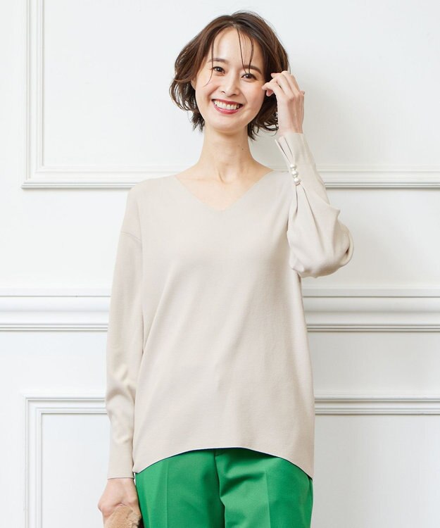 自由区 L 【洗える/セット可】レーヨンポリエステルスムース Vネックニット サンセットグレー